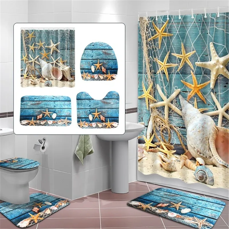 4pcs Seaside Bath Mat Set Beach Starfish Printed Shower Bathroom Carpet Home Decor Anti Slip Toilet Lid Cover Rug Floor Mats | Дом и сад