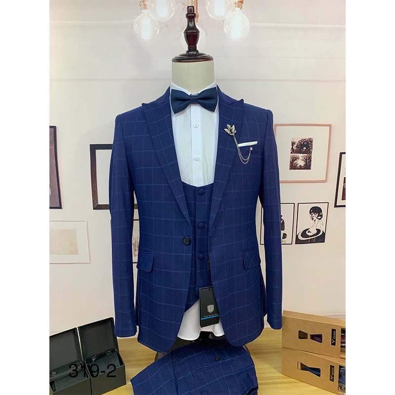 

Высококачественный мужской индивидуальный костюм на заказ, облегающий синий костюм в клетку для жениха на свадьбу, одежда на заказ, 3 предмета, жакет, брюки, жилет