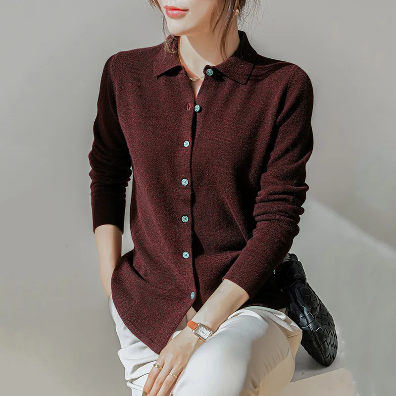 

2021 Spring Women's 100% Wool Knit Cozy Shirt Lapel Cardigan Solid Color Sweater Seasons Casual Jacket New Model Buttons