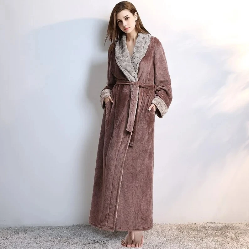 Super Soft Cosy Women's Sherpa Bath Robe - Soft Extra Long Fleece Dressing Gown- Fluffy Faux Fur Trim Long Robe- Gifts for Her
