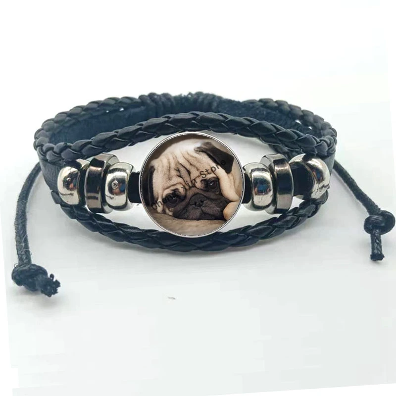 Кожаный браслет со стеклянным куполом ювелирный Мопс с изображением собаки