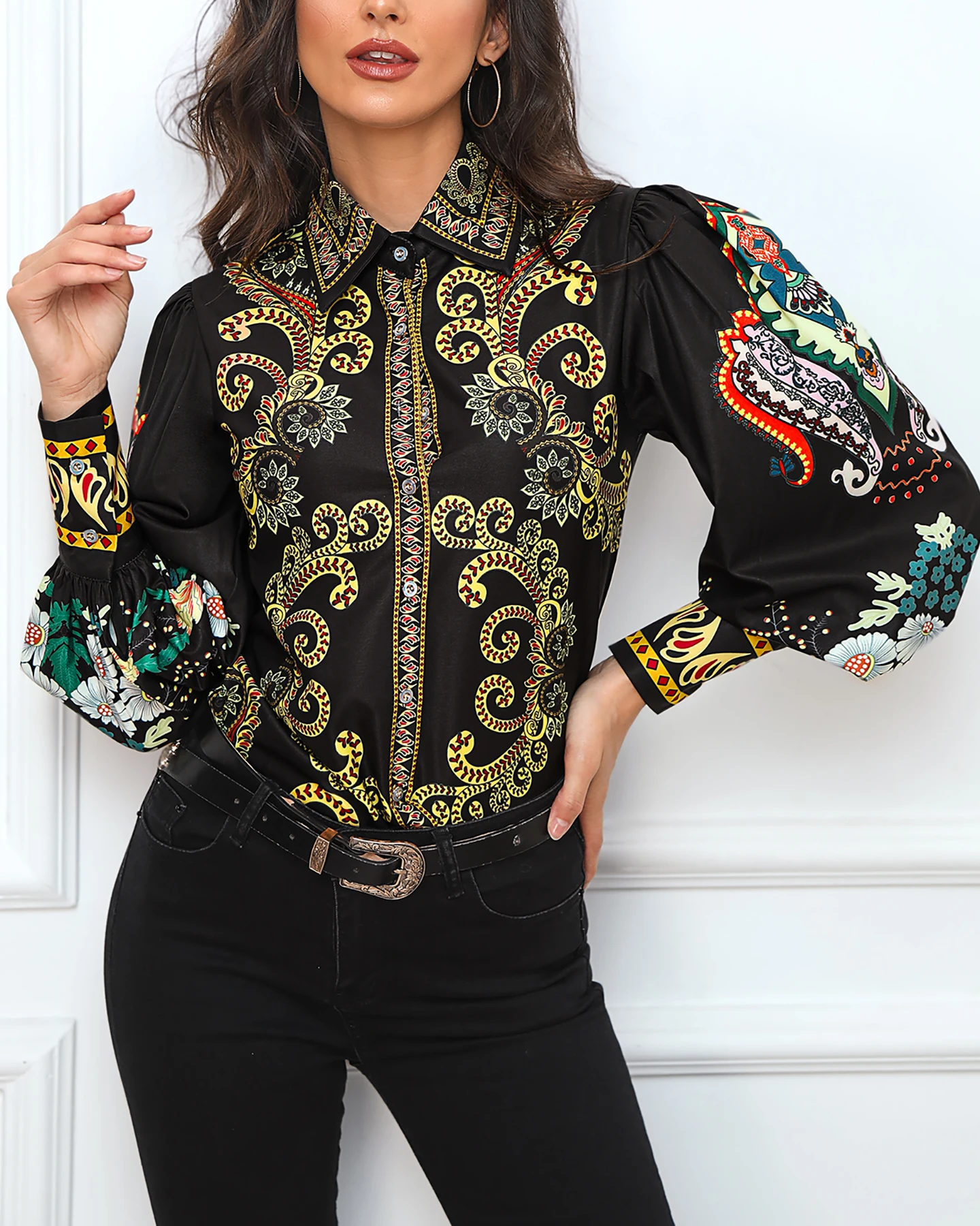 

Ninimour Women Elegant Fashion Paisley Print Lantern Sleeve Shirt Casual Long Sleeve Officewear Workwear Outwear Tops