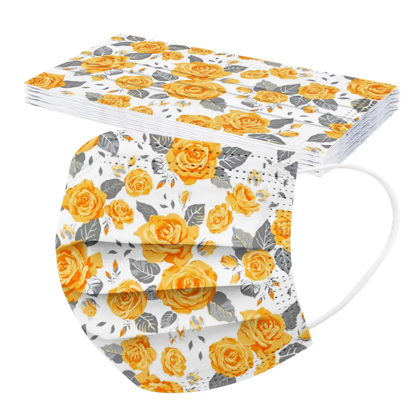 

10pc Women Disposable Face Masks For Adult Floral Print Design 3ply Mouth Face Mask Covering Ear Loops Facemask Decoration