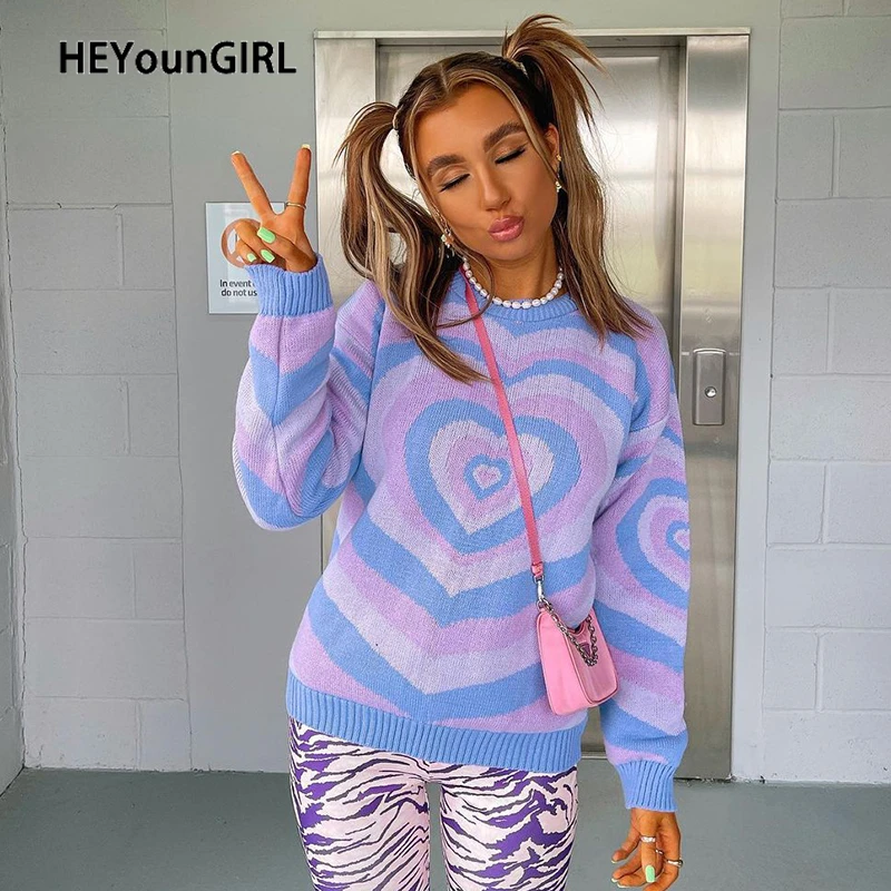 

HEYounGIRL Heart Print Cute Kawaii Knitted Sweater Women Autumn Long Sleeve Ladies Jumpers Fashion Korean Pullovers Knitwear