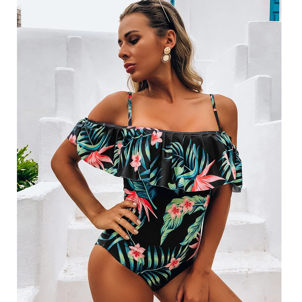 2021 Sexy One Piece Swimsuit Classic Off Shoulder Women Swimwear Ruffle Monokini Retro Floral Bodysuit Vintage Bathing Suit Girl | Спорт и