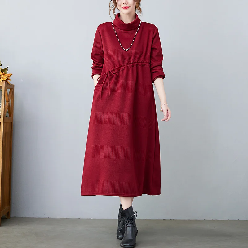 

Vintage Dress Women Spring Autumn Fashion Lace-up Dress for Women Thick Oversize Long Dress High Neck Pullover Sweater Dresses
