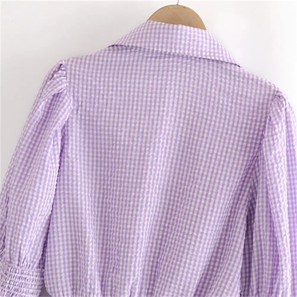 

2020 Early Autumn New Products Women's Retro Elegant Purple Plaid Lantern Sleeve Lapel Waist Long Sleeve Short Top
