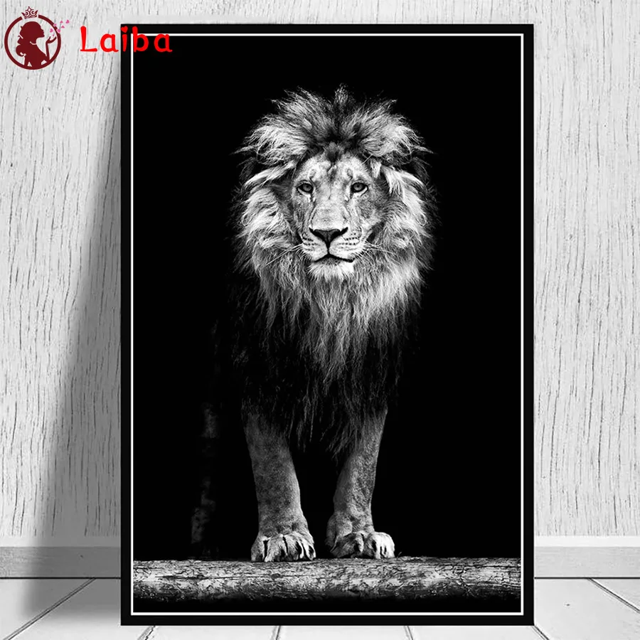 

2021 круглая алмазная живопись Черно-белое животное искусство, Лев полный квадратный фотографический Декор