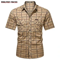2021 summer mens short sleeved shirt pure cotton casual plaid tooling large size loose top half sleeved thin shirt men