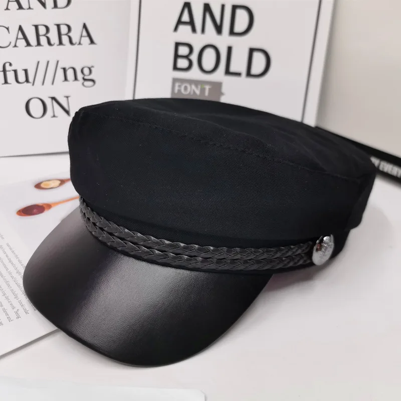 Black Cotton Британский стиль, военная шапка из искусственной кожи, осенне-зимняя шерстяная шляпа моряка для женщин, черная плоская Женская кепка для путешествий, Кепка Капитана - Цвет: Black Cotton
