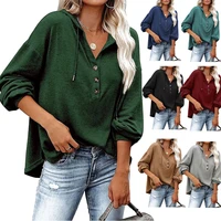 women tops casual solid color long sleeve hoodie female loose buttons v neck sweatshirt clothing 2021 spring autumn