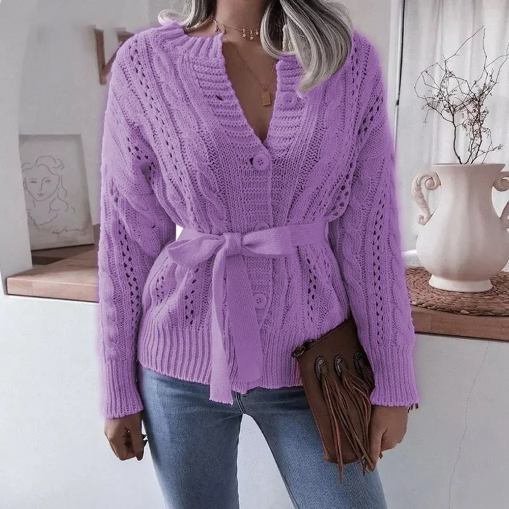 

HEFLASHOR Women Warm Knitted Cardigan Female Casual Criss-Cross Belt V-Neck Solid Color Sweater Women Cotton Knitwear Femal 2021