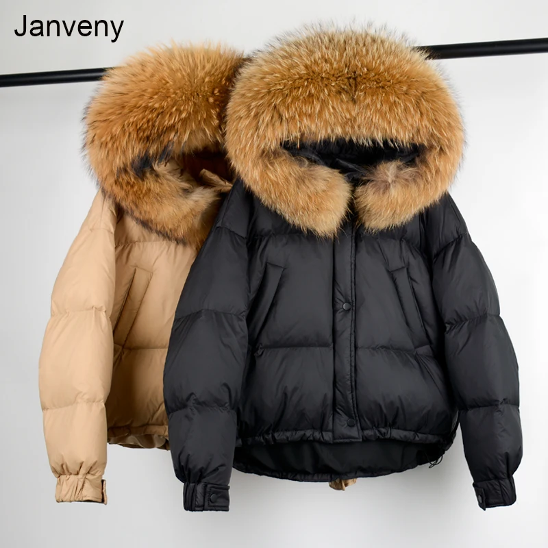 Janveny Huge Raccoon Fur Hooded Winter Puffer Down Coat Women 90% White Duck Down Jacket Short Thick Warm Female Parkas Outwear