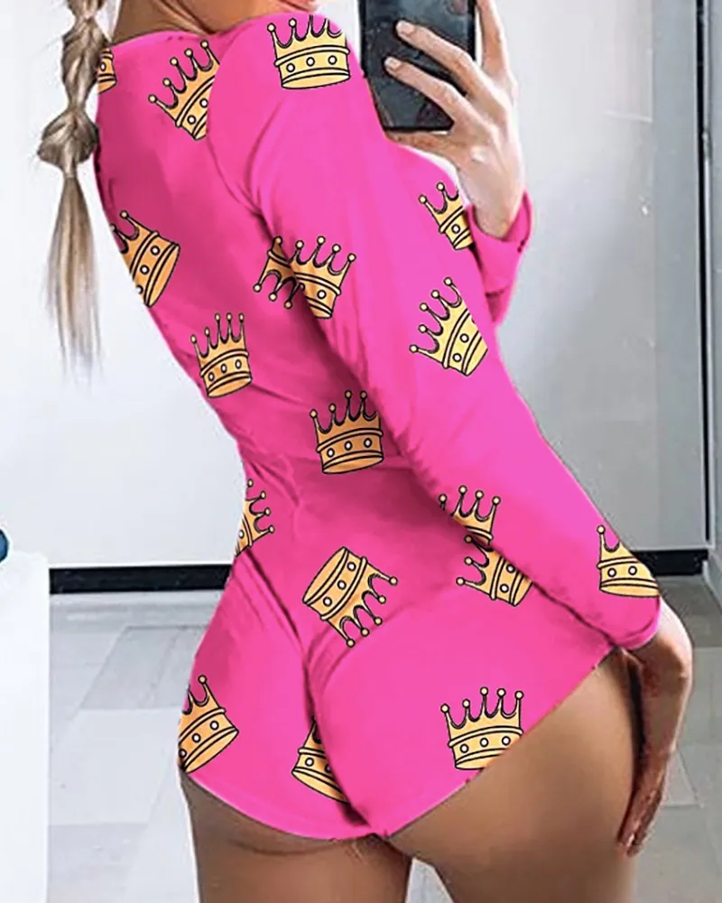 

Women Summer Home Bodysuits, Multicolor Printed V-Neck Long Sleeves Tight-Fitting Jumpsuits for Ladies