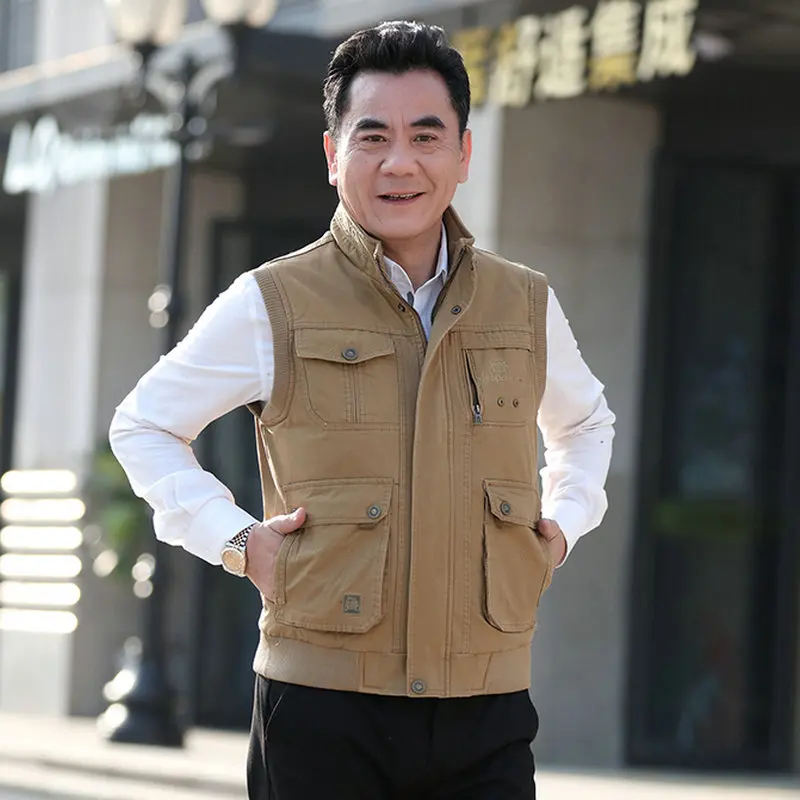 

Жилет мужской повседневный для рыбалки, универсальный хлопковый жилет со множеством карманов, мужская куртка без рукавов с воротником-стое...