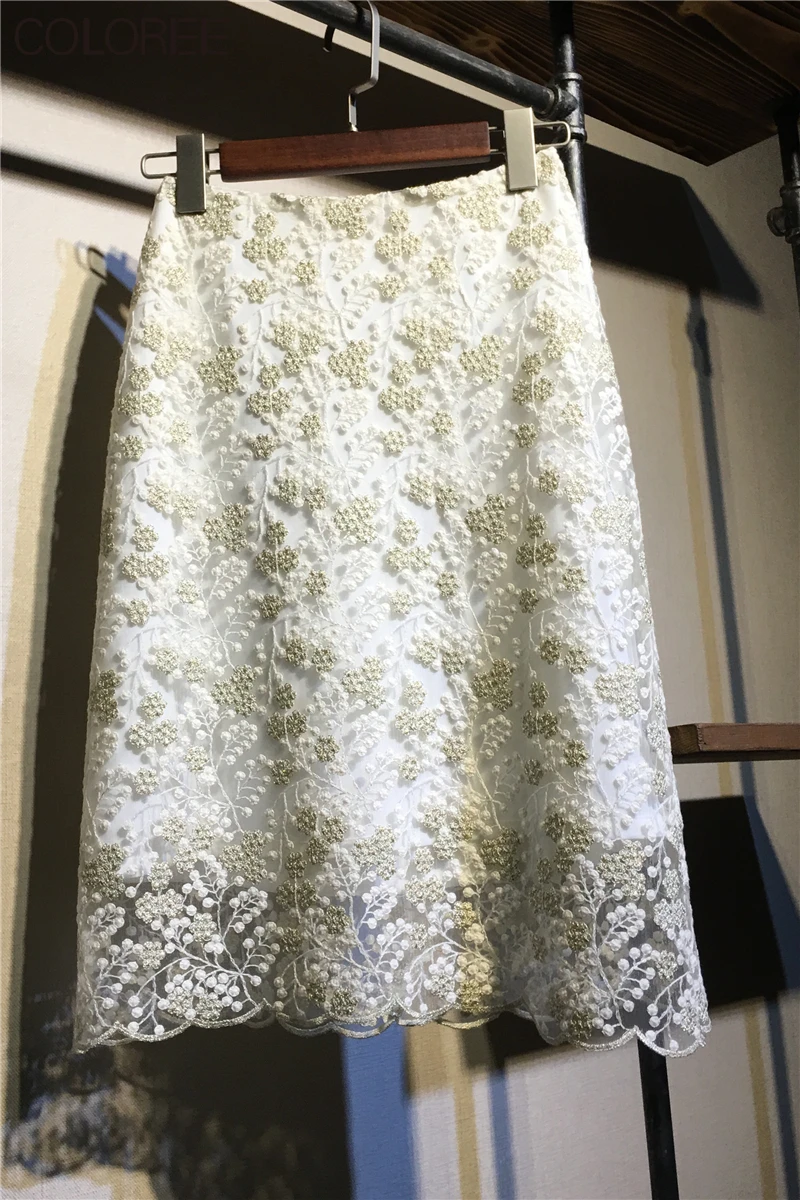 

High Quality Mesh Lace Embroidery Skirts Womens 2021 Spring Summer Elegant Vintage Midi Skirt Floral Jupe Femme