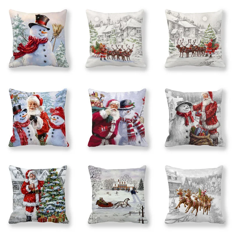 

Happy New Year Christmas Decorations for Home Santa Claus Snowman Elk Style Cushion Cover for Sofa Car Seat 45x45cm funda cojín