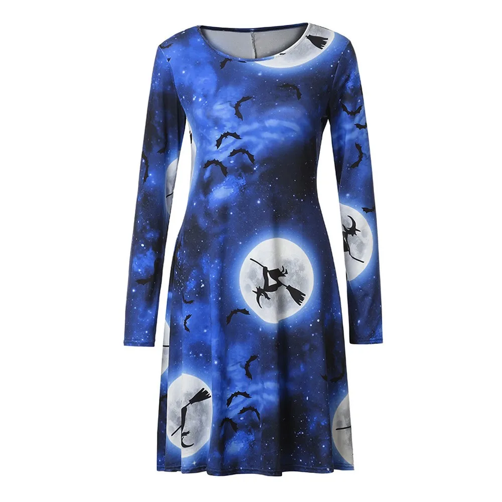 Хэллоуин платье Для женщин с ведьмой Луной и принтом летучей мыши трапециевидной