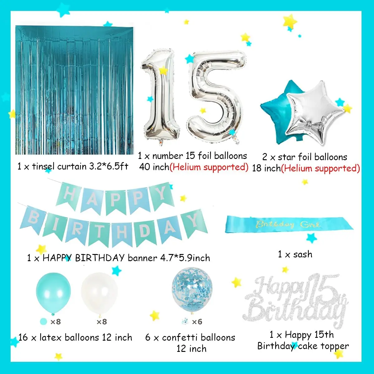 

15th Birthday Decorations for Girls Birthday Party Supplies with Happy Birthday Banner Teal Number 15 Star Foil Balloons Sash