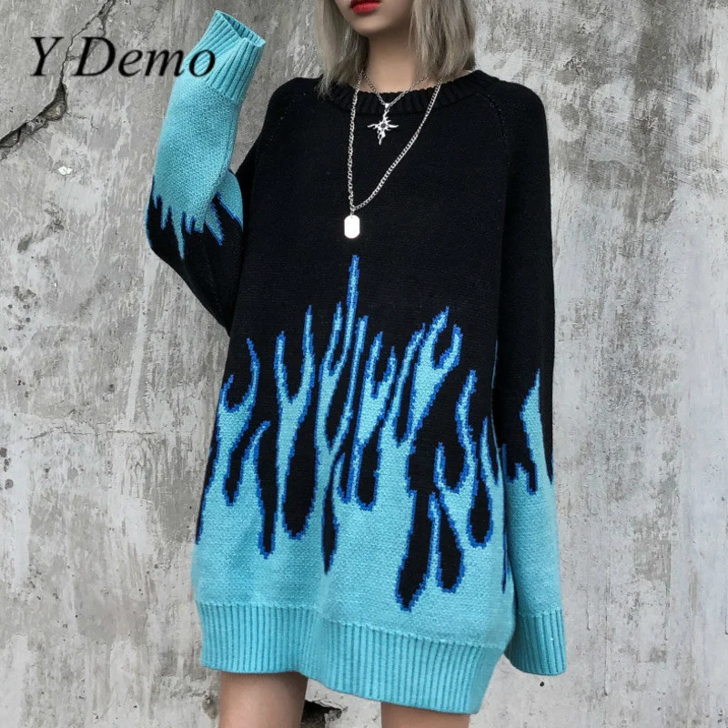 Y Demo Streetwear Gothic Flame Sweater Women Casual Oversized O Neck Long Sleeve Knitted Pullover Couple Outerwear Fashion | Женская