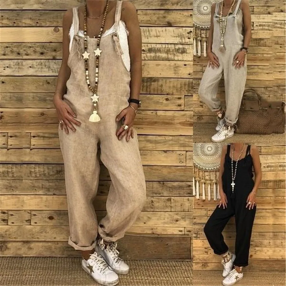 

Women Casual Solid Jumpsuits Vintage Summer Strappy Cotton Linen Loose Harem Bib Overalls Wide Leg Pant Lace Up Long Rompers