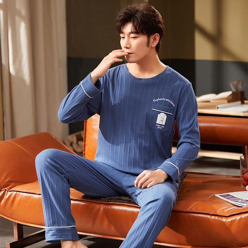 

New Listing Men's Pajama Set 2021young Male Sleepwear Set Long Sleeve Cotton Pajamas for Men Top Leisure HomeWear Cloth Pijama