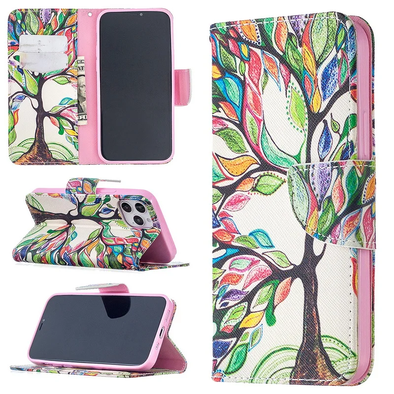 

Colorful Painted Leather Card Slots Flip Phone Case Matte Stand Cover For iPhone 12 11 Pro Max XR XS Max X 8 7 6 6s Plus SE 2020