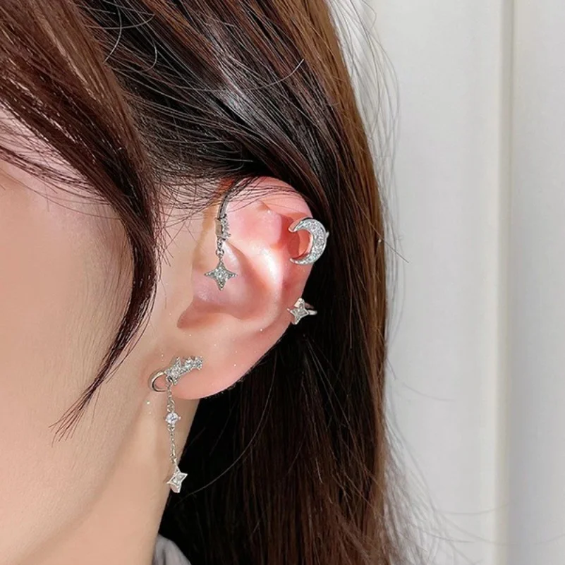 

AMC Trendy Moon And Star Earcuffs AAA Cubic Zirocn Clip Earring Fake Piecing Ear Clips Bridal Wedding Jewelry Gift for Women