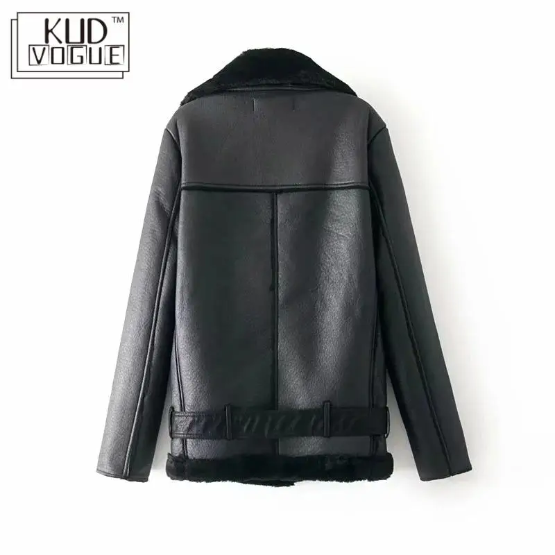 KUDVOGUE, Женская куртка из искусственной кожи, из овечьей шерсти, шерстяной ремень, мотоциклетная куртка, Осень-зима, женская теплая куртка из овечьей шерсти