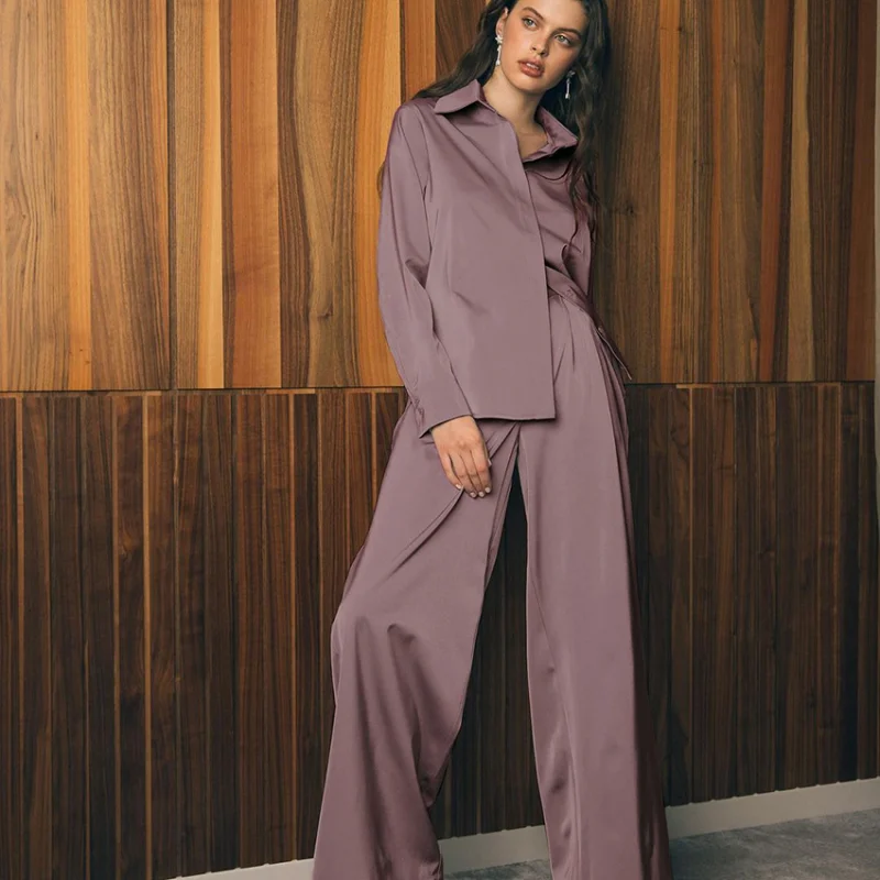

2 Piece Women's Suit Solid Satin Cardigan Shirt Wide Leg Pants Pajamas Set Ladies Home Loose Casual Trouser Sleepwear Suits