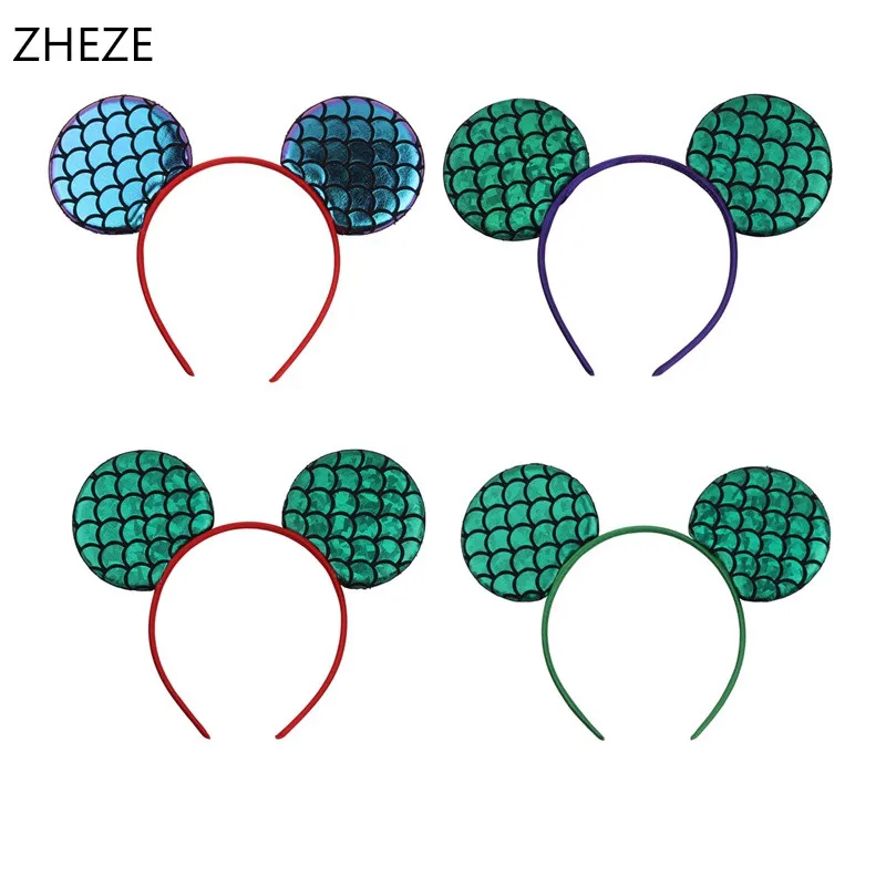 

Повязка на голову с ушками мыши, 10 шт./лот, 3,3 дюйма, аксессуары для волос с изображением русалки, модные детские блестящие повязки для волос «...