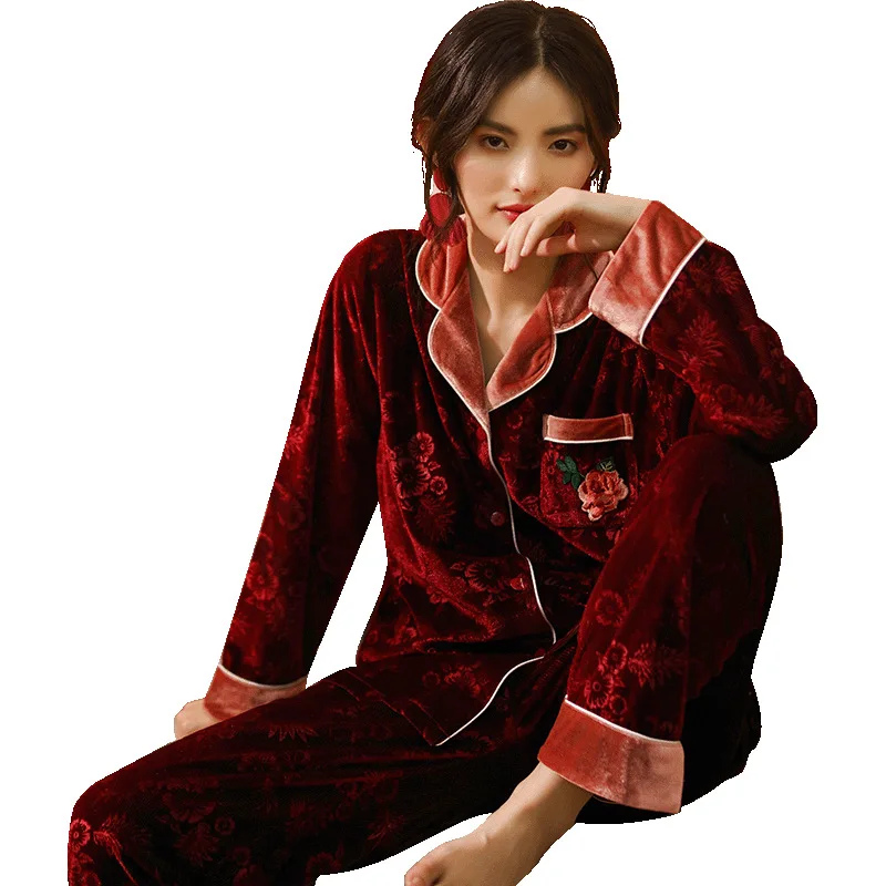 2019 новые осенние и зимние женские бархатные пижамы в стиле ретро с золотым