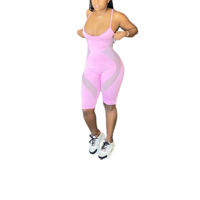 

Mesh Sheer Patchwork See Through Jumpsuit Playsuit 2020 Sexy Women S;eeveless Strap Bodycon Slim Rompers Summer Shorts Jumpsuit