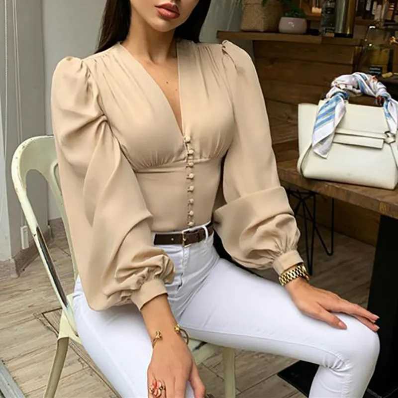 

2021 Autumn Ladies Elegant Blouse Lantern Tops V Neck Top Fashion Long Sleeve Shirts Women New Vintage Button Up Shirt Clothing