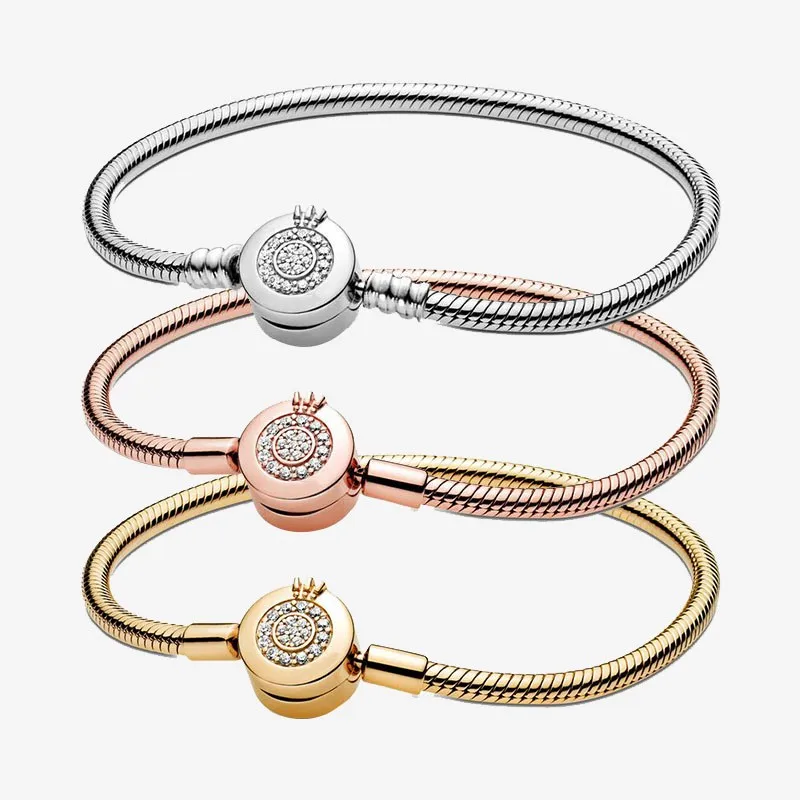 

2021 New S925 Sterling Silver Glittering Crown Letter O-shaped Snake Bone Bracelet Suitable For Women Diy Jewelry Original Charm