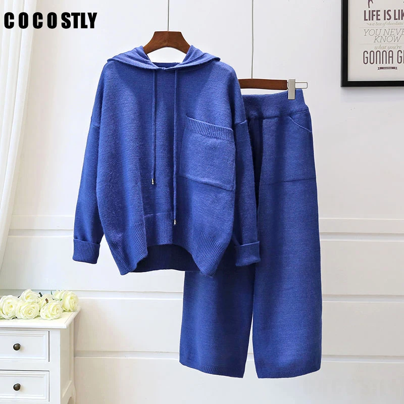 

hooded long-sleeved 2 set sweater autumn fashion knit top + wide leg pants suit women two piece outfits