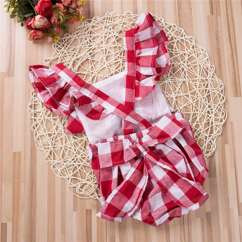 Красное боди в клетку для маленьких девочек Комбинезон с короткими рукавами и