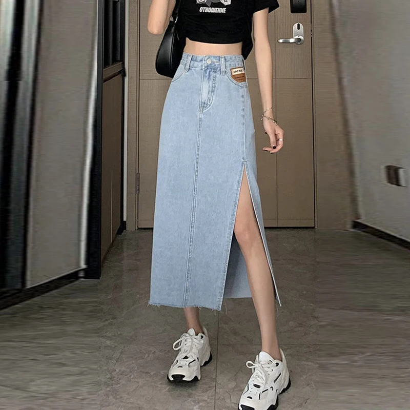 

Spring Summer Vintage High Wasit Jeans Skirts Women A Line Split Fork Female Denim Skirt Korean Street Wear Black Skirts New2023