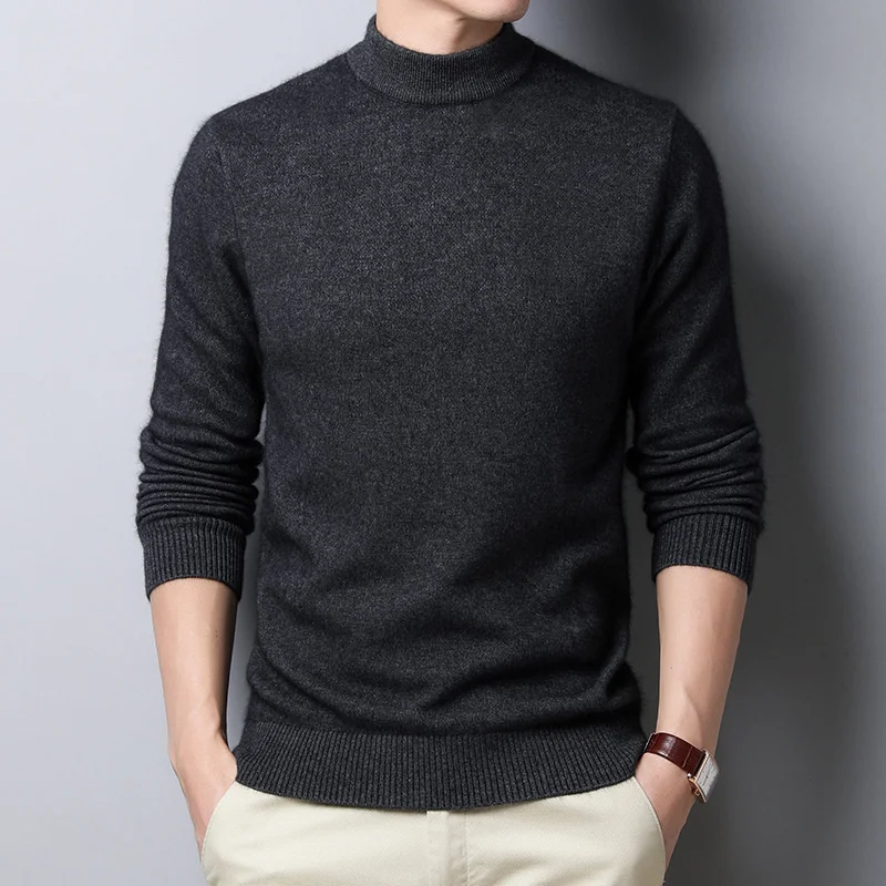 

Sweater autumn men's thickened half high neck solid color Pullover fashion thickened warm middle-aged and young people's sweater