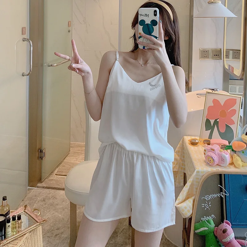 

Women's Sling Pajamas Small Sexy Two-Piece Suit White Moon Artificial Summer Thin Homewear Ice Silk