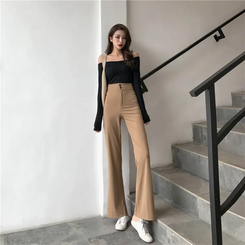 Винтажные корейские стильные женские узкие брюки с высокой талией и пуговицами