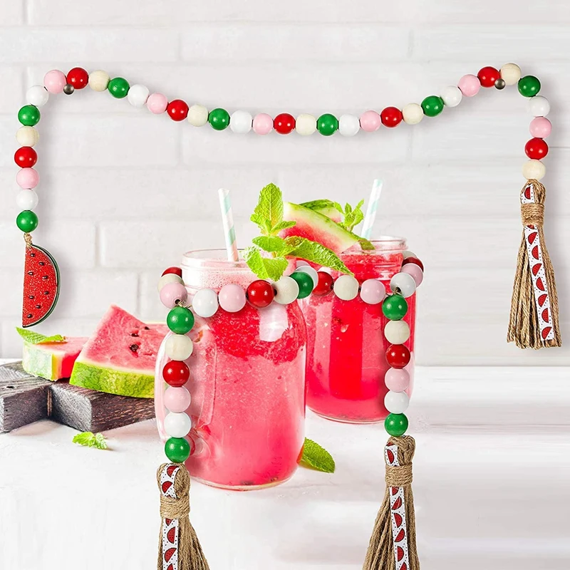

3 Pieces Watermelon Wood Bead Garland with Tassels Farmhouse Summer Fruit Wooden Beads Garland Farmhouse Decor