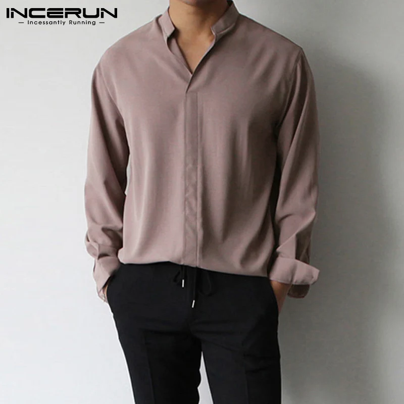 INCERUN 2023 New Japan Korea Style Handsome Men's Camisa Loose Stand-up Collar Solid Comfortable Color Long-sleeved Shirt S-3XL