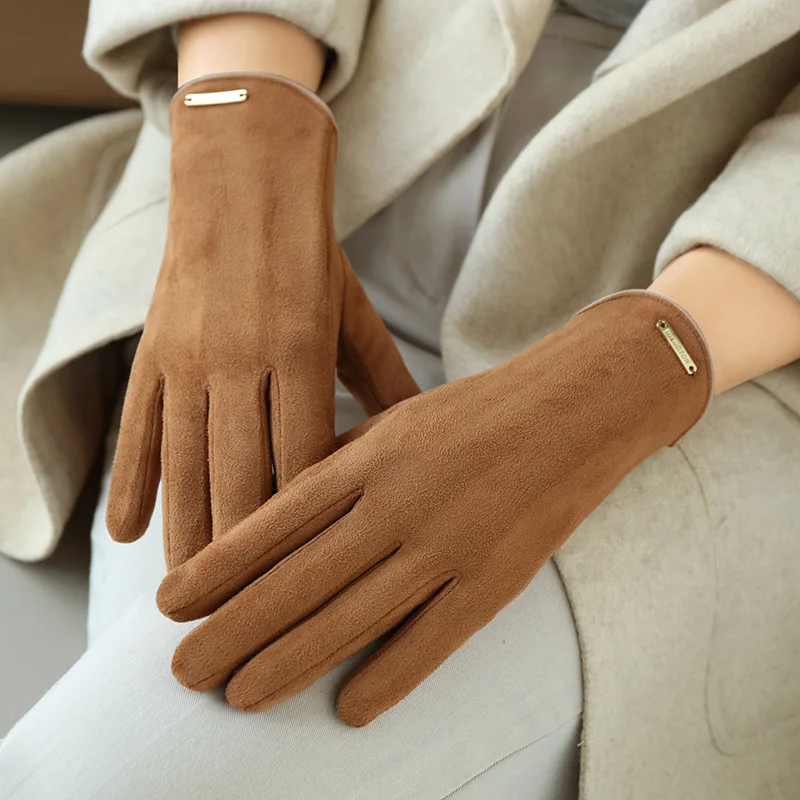 

Woman's Winter Warm Suede Leather Touch Screen Driving Gloves Man's Cold Plus Velvet Thick Fingerless Flip Cycling Mittens R57