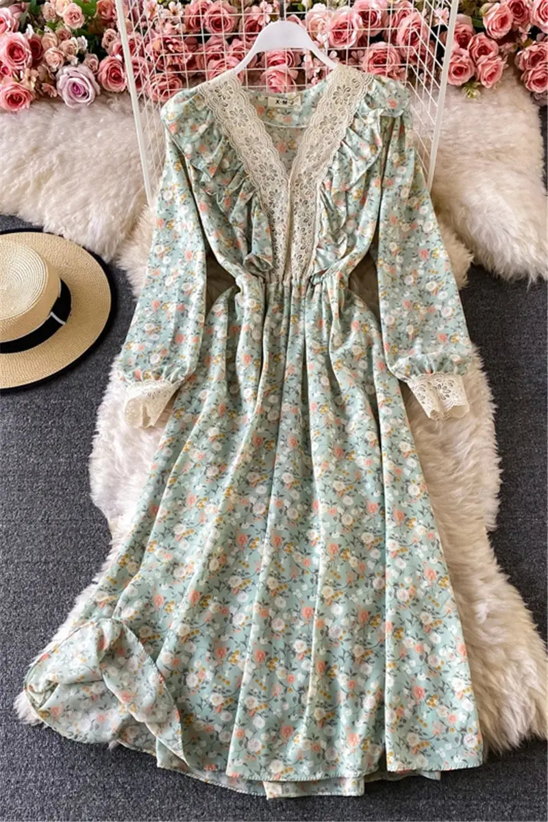 

2021 Spring New Retro Floral Chiffon Dress French V-Neck Lantern Sleeve Ruffled Long Dress Fashion Lace Patchwork Vestidos y1602