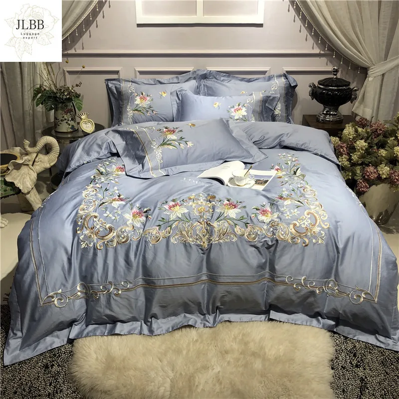 

New Luxury 80S Egyptian Cotton Pastoral Flowers Embroidery Palace Bedding Set Duvet Cover Bed sheet Bed Linen Pillowcases 4pcs