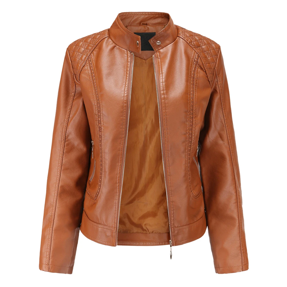 

2021 New Leather Jacket Women Spring Autumn Long Sleeve Stand Collar Motor Biker Coat Fashion Solid Pu Outwear Jacket