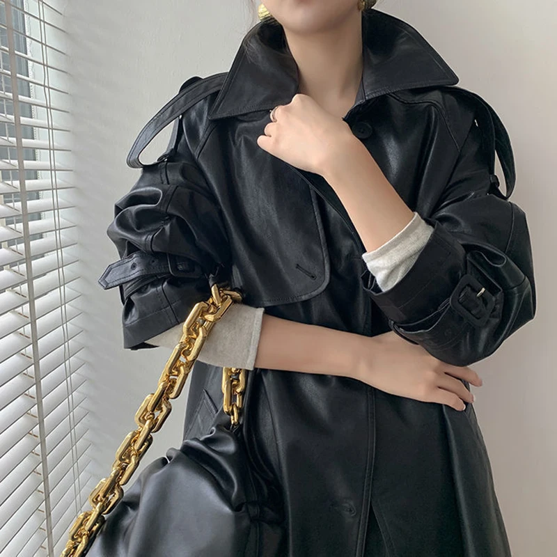 Женский Длинный тренчкот с поясом черная кожаная ветровка длинным рукавом и