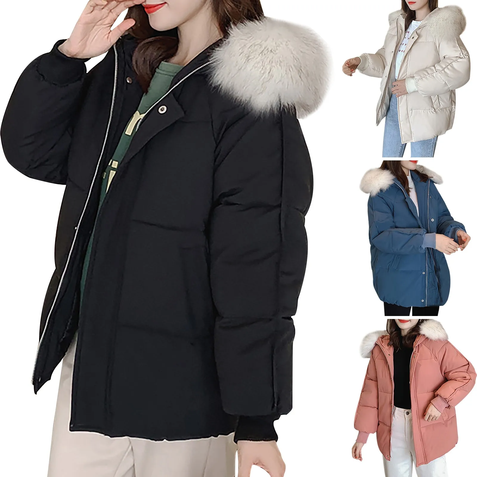 

Winter Jacket For Womens Warm Cotton Bread Outwear Fur Collar Hooded Slim Warm Zipper Plus Velvet Coats Sweet Style A30