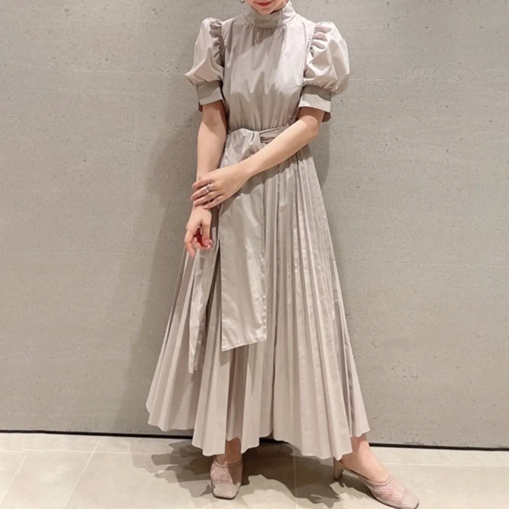 

Solid Puff Short Sleeve Sweet Pleated Shirt Dress Women 2021 Summer New Korean Style Slim Waist Elegant Party Long Dress Femme